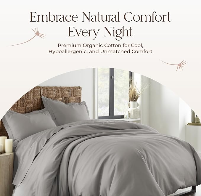 100% Organic Cotton Duvet Cover Queen Size - Naturally Soft Lightweight & Cooling Duvet Cover Set with Decorative Shams - Premium GOTS Certified 300 Thread Count Sateen Weave (Classic Grey, Queen)