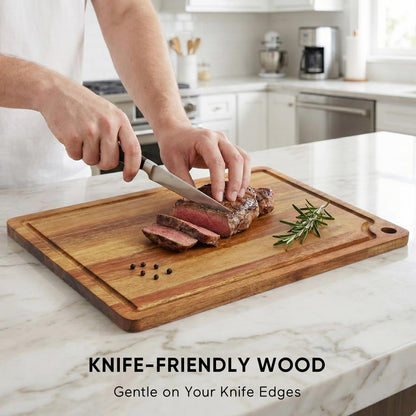 Acacia Wood Cutting Board Set of 2 with Storage Stand,Wooden Chopping Boards with Drying Holder， Deep Juice Grooves & Hanging Holes, Reversible Charcuterie Boards, Housewarming Gift