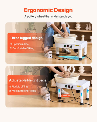 VEVOR 14in/35cm Pottery Wheel for Adults, 0-6in Lift-Table 450W Professional Pottery Kit with Foot Pedal Detachable Basin DIY Art Clay Potter's Wheel for Kids Adults Beginners at Home Pottery, White