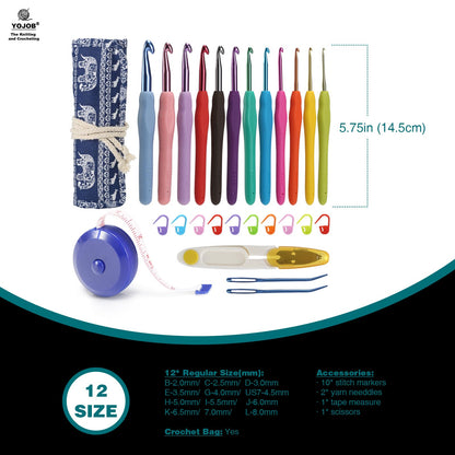 YOJOB Crochet Hooks Set (12 Sizes), Super Smooth 2.0mm-8.0mm Ergonomic Soft Grip Crochet Needle Kit with Accessories and Crochet Case