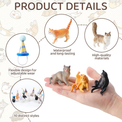 FCKLVMC 20 Pcs Miniature Cat Figurines with Birthday Hats Kit, Resin Tiny Cat Figurines Cake Toppers for Birthday Cat Cake Party Decorations