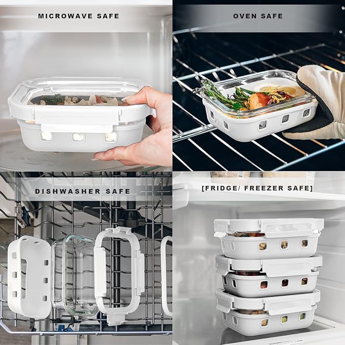GENICOOK Glass Food Storage Meal Prep Containers - Food Grade Silicone Wrap & Air Release Vent, Rectangular shape - 8 Pc Set (4 Containers - 4 Matching Lids)