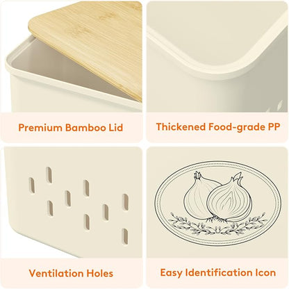 Lifewit Onion and Potato Storage Bin with Aerating Holes and Lid, Stackable Garlic Keeper, Plastic Vegetable Container Box for Kitchen, Beige, Set of 2