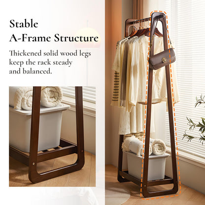 Cttasty Solid Wood Clothing Rack with Shelf, Freestanding Garment Rack with Hooks, Rubberwood Clothes Organizer for Bedroom Entryway, Minimalist Wooden Clothes Stand (Walnut, 31.5" W)