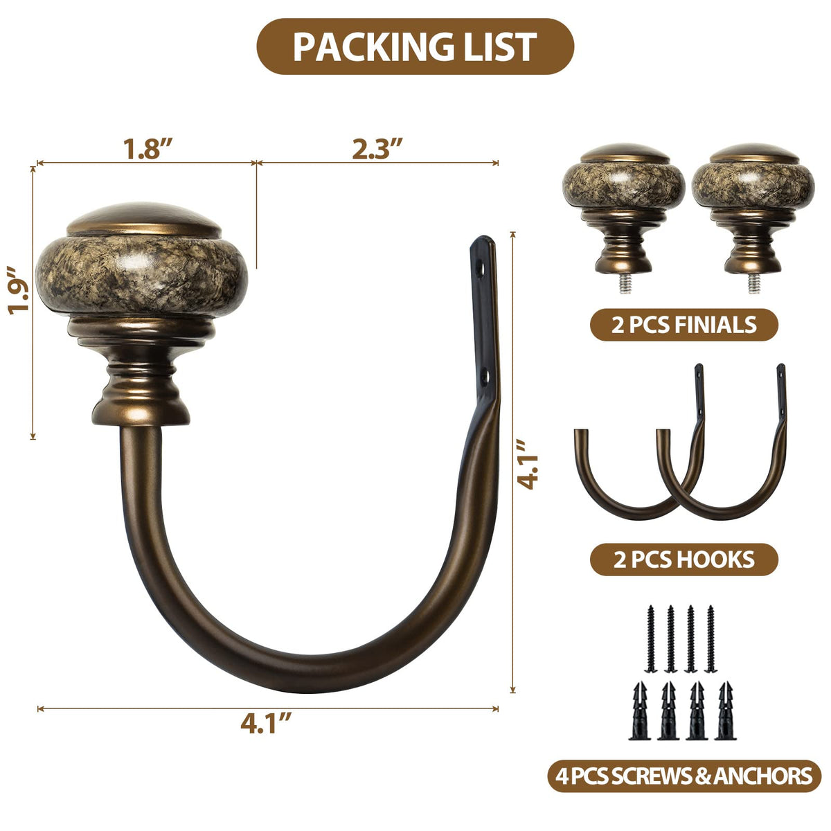 KAMANINA Decorative Curtain Holdbacks for Wall, Curtain Tiebacks Hooks with Screws Wall Mounted for Drapes Window Home Decoration, Marbled Finials, Bronze(1 Pair/2 Pack, Small)