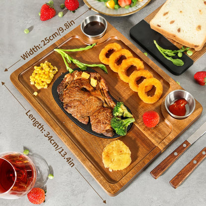 HALE OTEIR Acacia Wood Steak Plates - Steak Plate Cutting Board 2 Sauce Cups for Meat Cheese Appetizers, Wood Serving Board, Charcuterie Board Platter Perfect for Housewarming, Christmas, Mother's Day