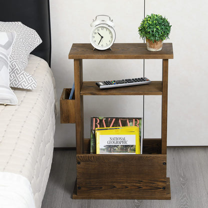 MyGift 24 Inch Tall Rustic Burnt Wood End Table with Remote Control Holder, Storage Shelf, and Magazine Rack, Wooden Narrow Living Room Couch Side Accent Furniture