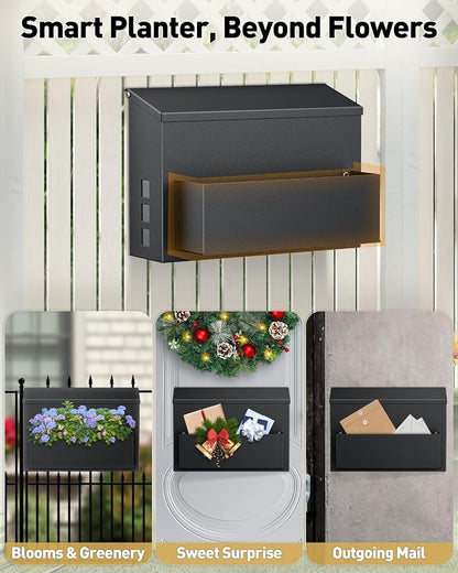 Uniclife Wall Mount Mailbox for Outside, Large Mailbox with Planter, Large Capacity Mail Box for House, Rust-Proof Steel Post Box for Home Office School, Modern Metal Drop Case, Black
