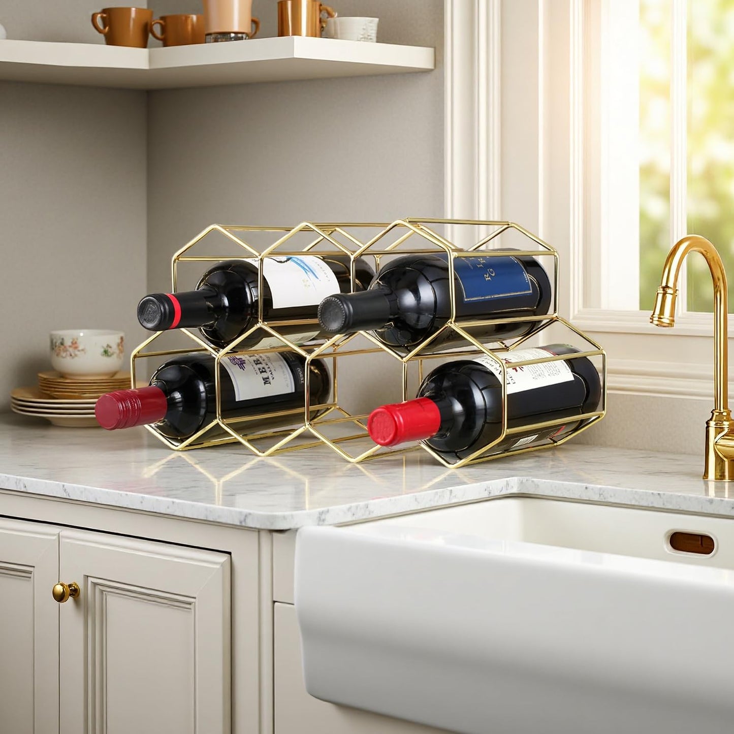 Buruis 9-Bottle Countertop Wine Rack, Honeycomb Metal Wine Holder for Red & White Wines, Standing Bottle Organizer for Home, Kitchen, or Bar, Gold