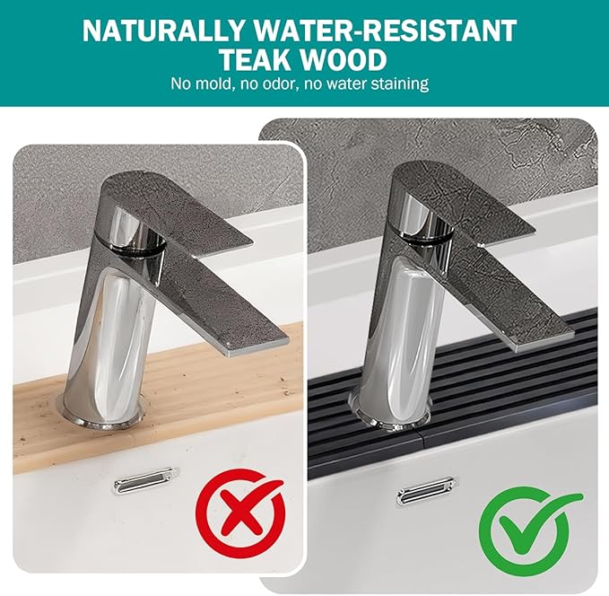 PEKER Teak Wood Faucet Mat for Kitchen Sink 23.6" – Natural Teak Sink Splash