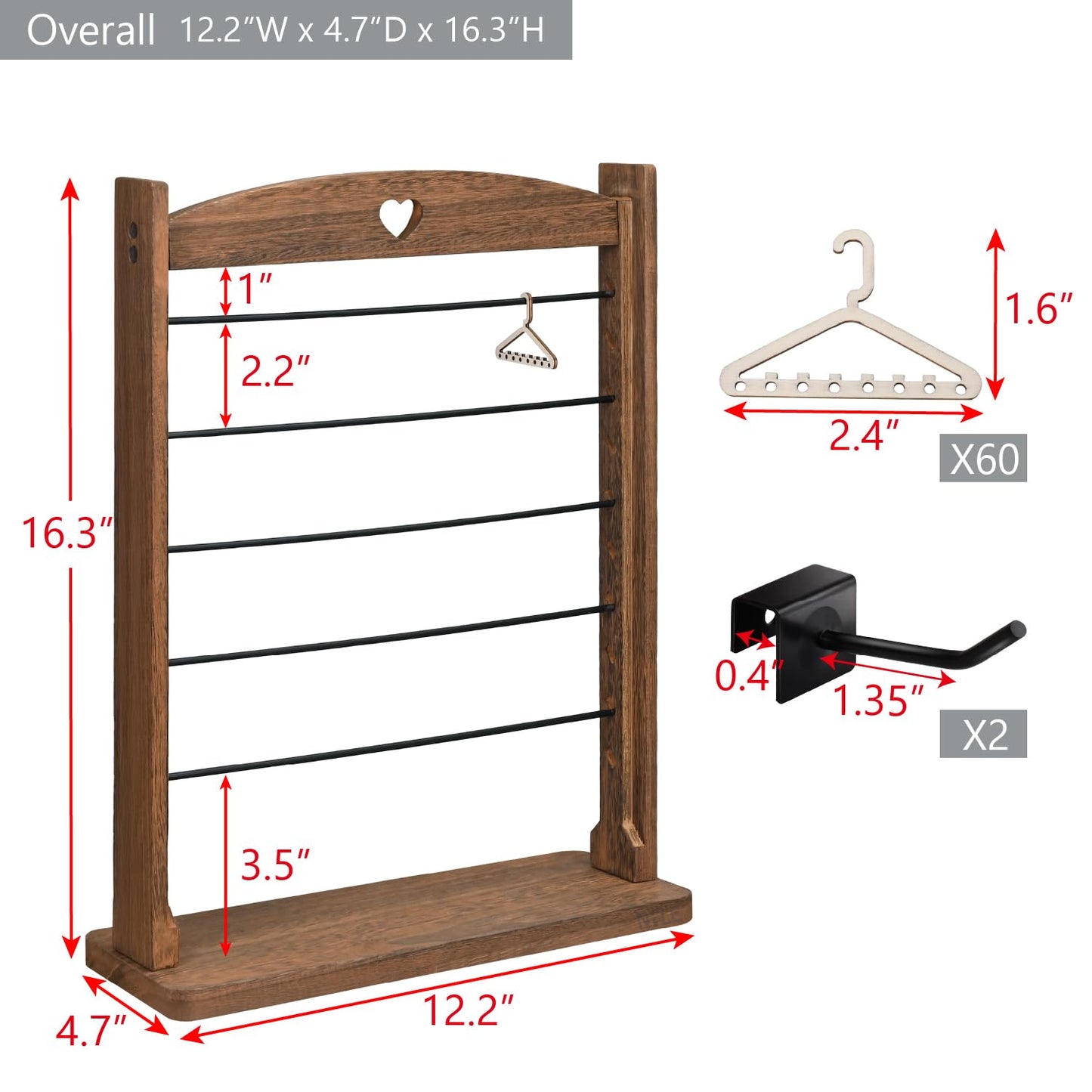 Ikee Design Wooden 120 pairs Earrings Display Stand, Jewelry Necklace Display Rack, Jewelry Organizer with 60 Mini Hangers and 2 Removable Hooks, Brown Color, 12.2W x 4.7D x 16.3H in