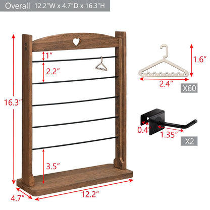 Ikee Design Wooden 120 pairs Earrings Display Stand, Jewelry Necklace Display Rack, Jewelry Organizer with 60 Mini Hangers and 2 Removable Hooks, Brown Color, 12.2W x 4.7D x 16.3H in