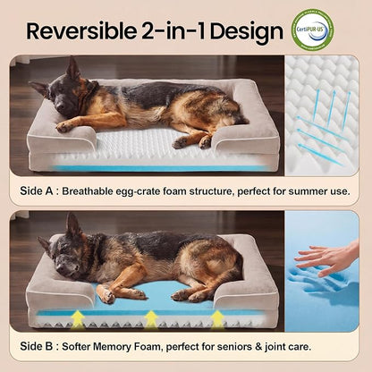 OhGeni Orthopedic Dog Bed Couch Big Cat Sofa for Extra Large Sized Pets with Memory Foam, Machine-Washable Waterproof Removable Cover, Soft Comfortable Fabric, 44-inch (Beige)