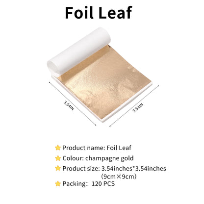 120 Pcs Champagne Gold Imitation Gold Leaf Sheets, 3.54x3.54 Inches Foil Sheets for Crafts, Sculptures, Furniture, Art Decorations, Gilding, Nails & Paintings