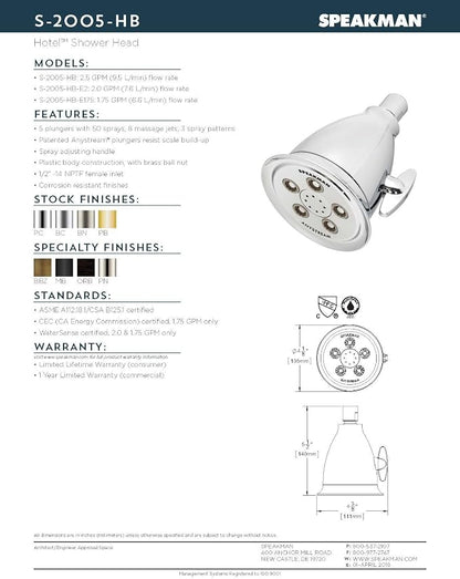 Speakman, Brushed Nickel S-2005-HB-BN-E2 Hotel Anystream Multi-Function 2.0 GPM Adjustable Shower Head