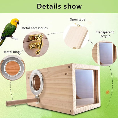 Bird Nesting Box Parakeet Parrot Breeding Nest Wooden Acrylic Transparent Bird House with Small Nest for Small Parrot Conure Lovebirds (Medium)