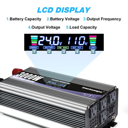 Cantonape 3000W Power Inverter 24V to 110V/120V DC to AC with LCD Display, Remote Controller and 4 x AC Outlets Car Adapter for Car Truck Boat RV Off Grid Solar System