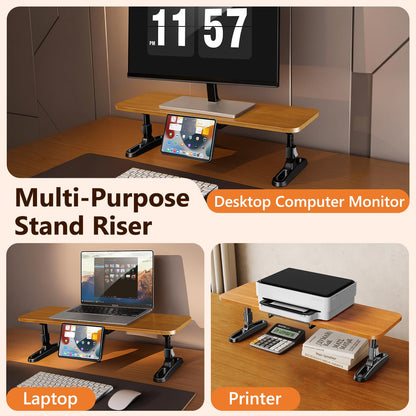 nediea Wooden Monitor Stand Riser with Height Adjustable Button, Ergonomic Computer & Laptop Stand with Hidden Tablet Holder, Keyboard Storage & Desktop Organizer for Home Office Kitchen