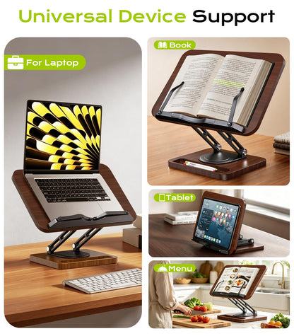 Book Stand for Reading, 360° Rotating Hands Free Book Holder with Storage, Adjustable Height & Ergonomic Cookbook Stand, Elastic Page Clips for Recipe Laptop Tablet, Foldable for Kitchen Office School