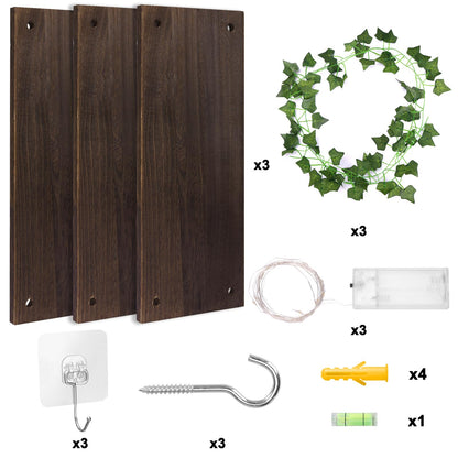 Fixwal Artificial Ivy LED-Strip Floating Shelves Set of 3, Macrame Hanging Shelves Plant Wall Decor, Rustic Boho Wood Wall Storage Shelves for Bedroom, Living Room, Bathroom Decor (Dark Brown)