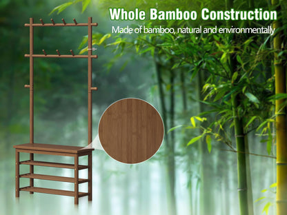 Welfuturer Bamboo Hall Tree with 13 Hook, 6-in-1 Entryway Bench with Coat Rack Freestanding, Coat Rack with Shoe Storage Bench Organizer for Mudroom, Bedroom, All-in-One Shoe Rack,Walnut