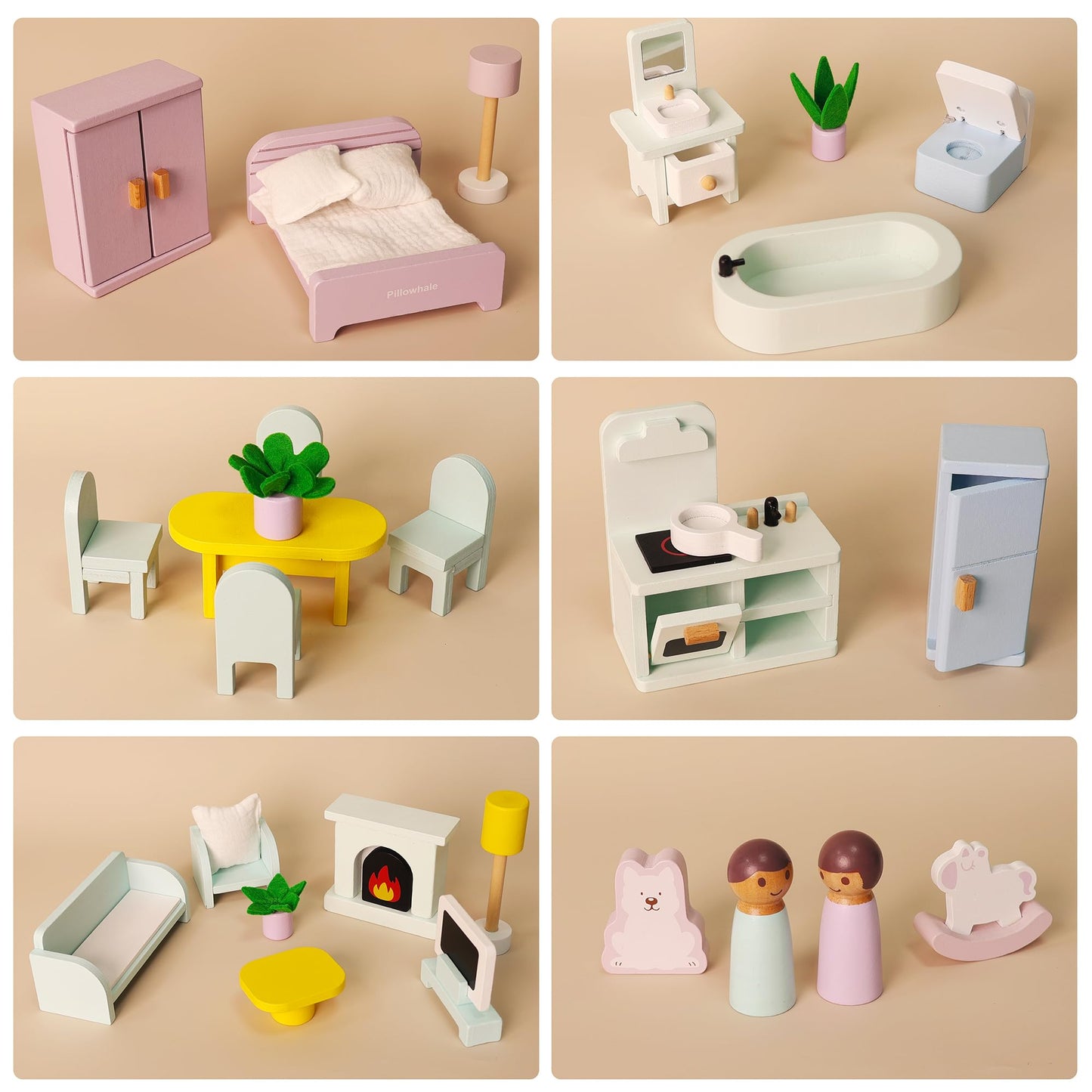 Pillowhale Wooden Dollhouse Furniture Set,36-Piece Dollhouse Furniture & Accessories for 6 Rooms,Interactive Pretend Play Furniture Toys, Gift for Kids Age 3+