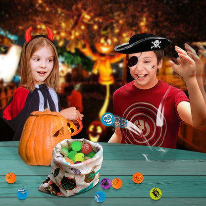72 Glow in The Dark Bouncing Balls,Halloween Party Favors Supplies, 8 Halloween Theme Designs for School Classroom Game Rewards, Trick or Treating Goodie, Halloween Miniatures/Prizes(with pouch bag)