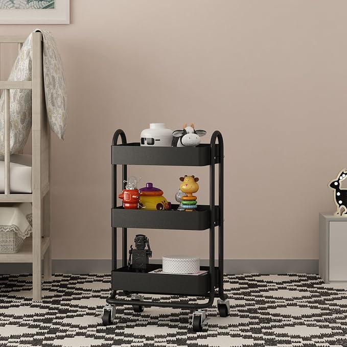 Metal Rolling Cart,3-Tier Metal Rolling Cart with Wheels,3 Tier Utility Cart with Wheels for Office,Home,Kitchen,Garden（13.4"x18.1"x31"） Black