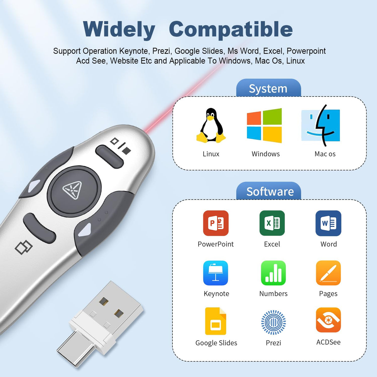 QUI 2 Pack Wireless Presenter PowerPoint Clicker, RF 2.4GHz USB Presentation Clicker for Google Slides, Keynote, Mac, Windows (USB Type-c, Silver)