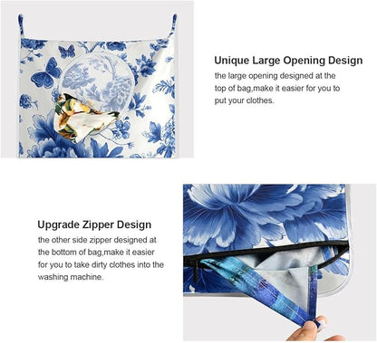 Blue and White Peony Flowers Butterfly Hanging Laundry Hamper Door Hampers Bag