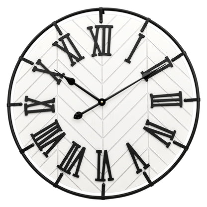 EMAX HOME 24 Inch Large Wooden Wall Clock – Extra Large Farmhouse Wall Clock with 3D Roman Numerals, Modern White Round Wood & Metal Clock for Living Room, Silent & Accurate Timekeeping
