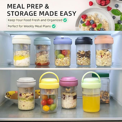 UWILLION Overnight Oats Containers with Handles, 16 oz Glass Mason Jars with Lids, Folding Spoons & Topping Compartments, Yogurt Parfait Cups for Meal Prep, Chia Pudding, Breakfast to Go, 4 Pack