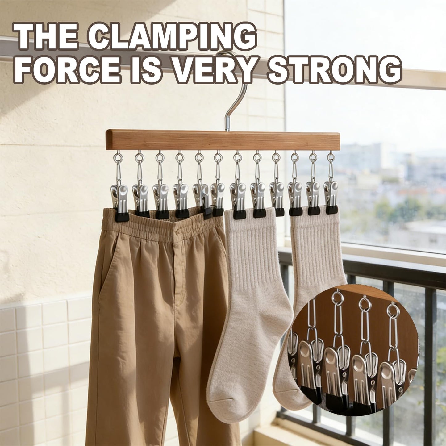 Shgxjjnb Wooden Rotating Pants Hanger, Closet Organizer with 12 Clips, Space Saving Hanging Clothes Legging Wardrobe Organizer for Jeans, Hats, Shorts, Socks (Brown+Nature, 2Pack)