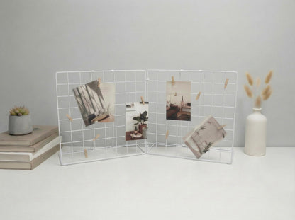 JAJAGOU Foldable Double-sided Desktop Photo Display Rack & Grid Display Board With 20 Wooden Clips – Photo & Accessory Organizer For Home Office White