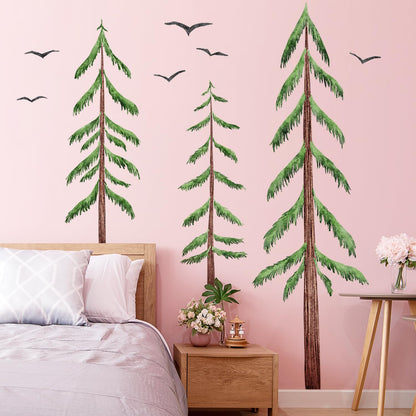LiveGallery Removable Large 3 Pine Brown Tree Wall Decals Green Leaf With Black flying Birds Wall Sticker DIY Peel and Stick Plants Wall art Decor for Kids Girls Boys Teens Nursery Bedroom Living Room