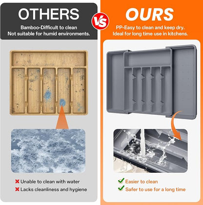 RoomHacks Large Silverware Organizer,Expandable Utensil Drawer Organizer,BPA Free Utensil Holder,Adjustable Silverware Tray Cutlery Drawer Organizer for Kitchen Flatware,Large,Grey,2 Pack