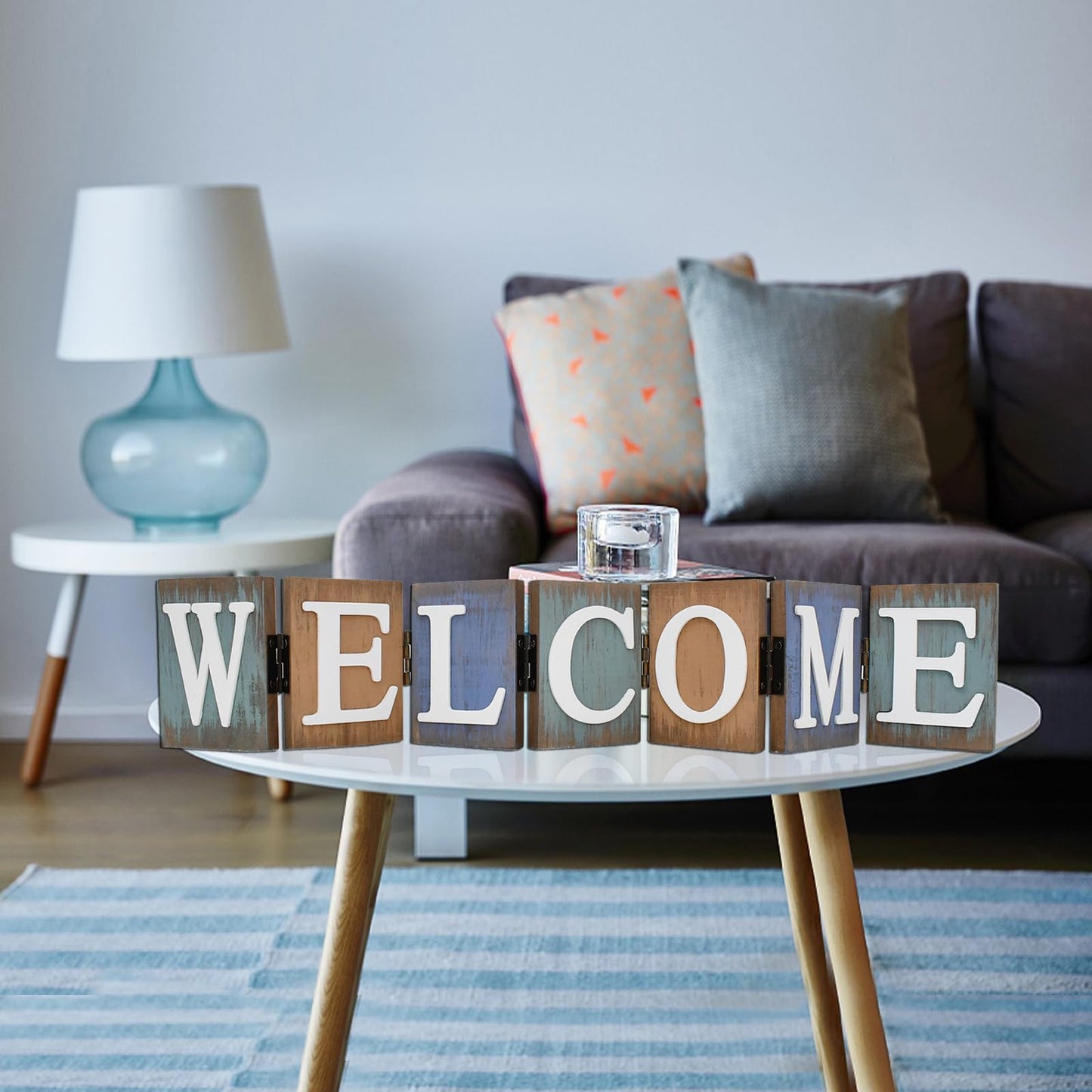 Linfevisi Wooden Welcome Sign Table Decor Wood Welcome Letters Sign Folding Rustic Wooden Word Signs for Living Room Kitchen Entryway Mantel Fireplace Shelf House Home Decoration 21.3X4 Inch