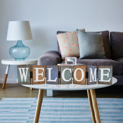 Linfevisi Wooden Welcome Sign Table Decor Wood Welcome Letters Sign Folding Rustic Wooden Word Signs for Living Room Kitchen Entryway Mantel Fireplace Shelf House Home Decoration 21.3X4 Inch