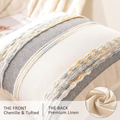 Boho Throw Pillow Covers 18x18 Set of 2 Farmhouse Decorative Cushion Case Striped Square Pillows Cover Chenille Pillow Cases Accent Neutral Pillowcase for Sofa Couch Bed,Sky Blue
