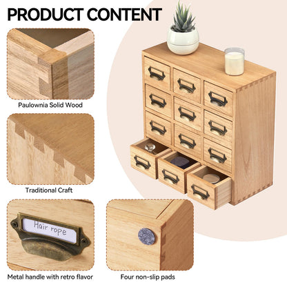 KIRIGEN Wood Drawer Organizer Desktop Storage Cabinet Box Drawers for Home Office Desk Organization and Storage 12 Drawer Mini Chest with Metal Handles Natural(12CG-NA)
