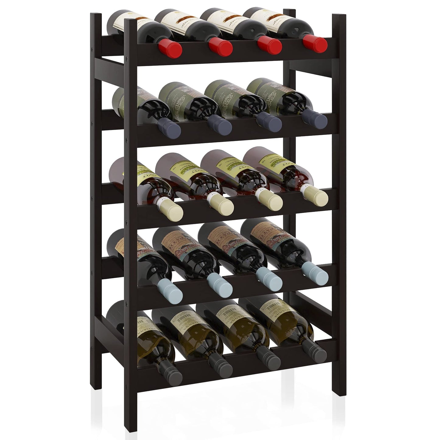 SMIBUY Bamboo Wine Rack, 20 Bottles Display Holder, 5-Tier Free Standing Storage Shelves for Kitchen, Pantry, Cellar, Bar (Dark Brown)