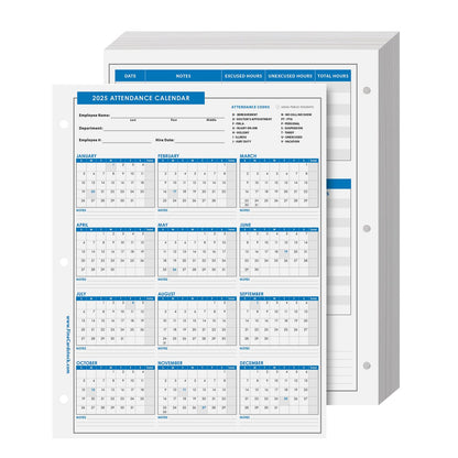 2025 Attendance Calendar Card Stock Paper – Great Employee Work Tracker | Printed on Durable and Thick 80lb (216gsm) Cardstock | 8 ½ X 11 | 25 Sheets per Pack