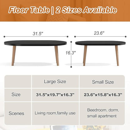 Coffee Table Low Table with Solid Wood Legs, 31.5x19.7 Large Coffee Table Side Table, Floor Table Desk for Sitting on The Floor, Living Room Furniture for Office Apartment Home, Oval Black