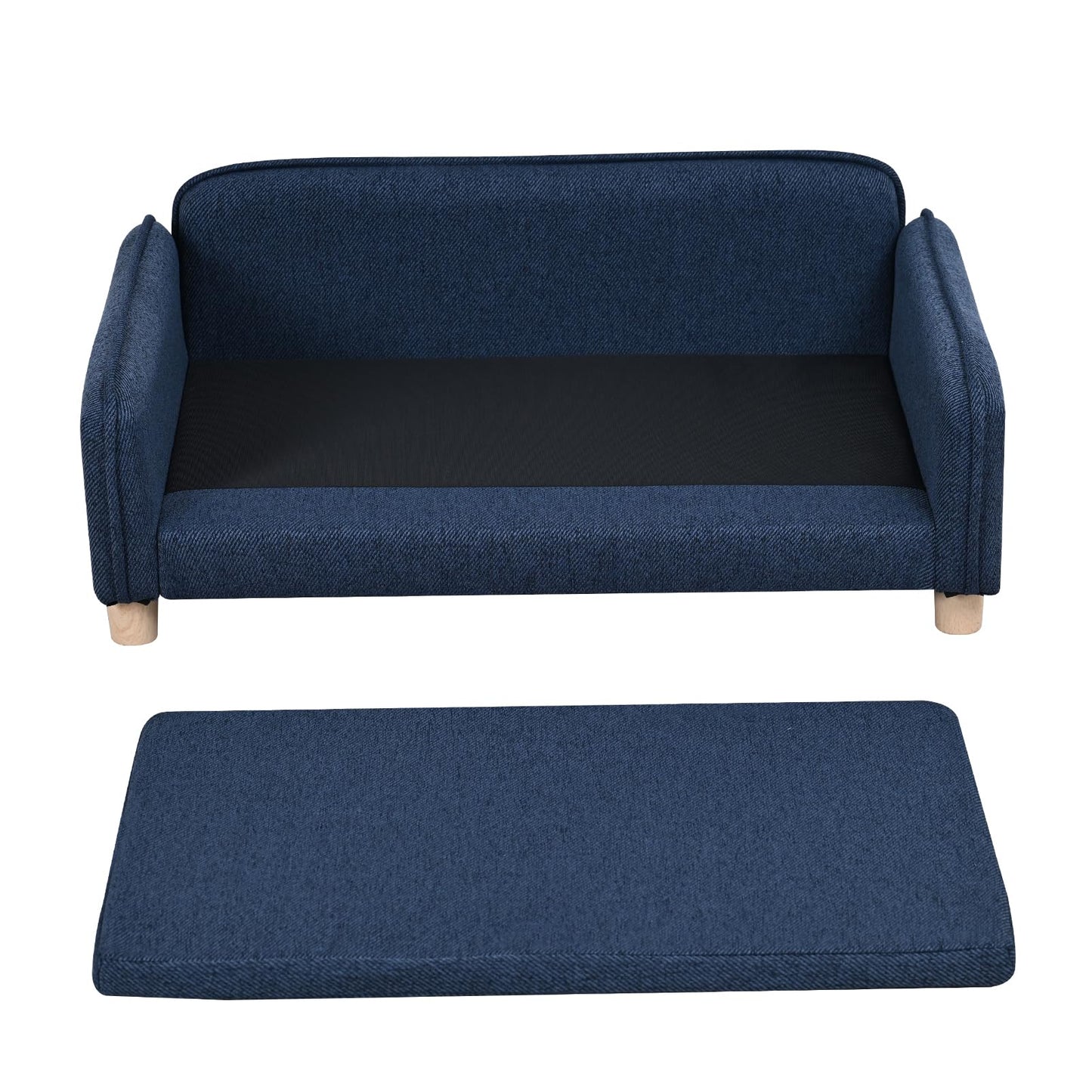 Big Sized Dog Bed -Wooden Frame Pet Sofa Couch, Washable Cushion Cat Couch, Linen Fabric Dog Sofa and Chair for Medium Pet Rest. (Blue)