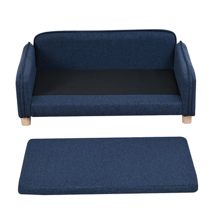 Big Sized Dog Bed -Wooden Frame Pet Sofa Couch, Washable Cushion Cat Couch, Linen Fabric Dog Sofa and Chair for Medium Pet Rest. (Blue)