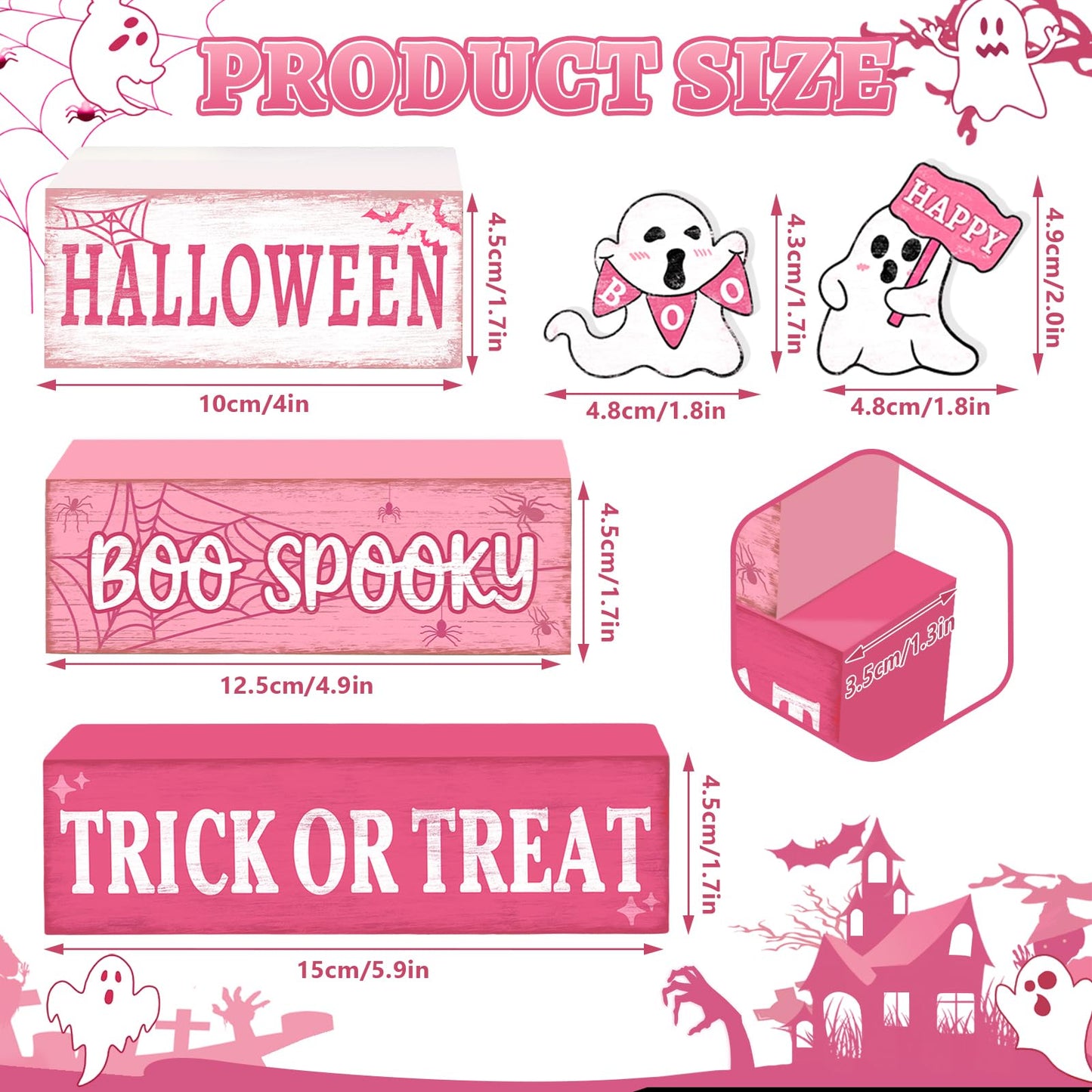 4 Pcs Pink Halloween Decor Indoor Wooden Tiered Tray Decorations, Pink Ghost Halloween Table Decor Farmhouse Tabletop Centerpieces for Farmhouse Home Kitchen Mantel Office