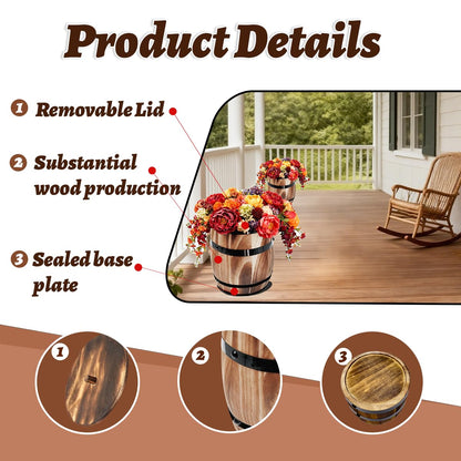 Sunmuliiiy1Pcs Wood Wine Barrel Vase 8" x 6.5" Rustic Wooden Flower Vase Rustic Barrel Barrel Planter for Wedding Reception Table Decoration Home Indoor Outdoor Garden, Kitchen, Party Table Decoration