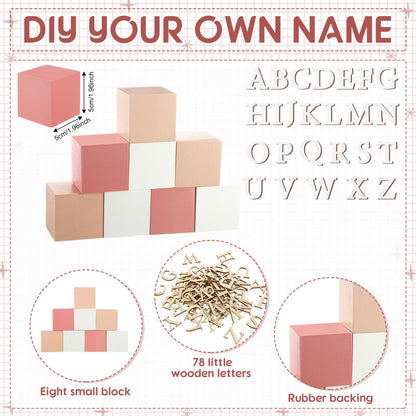 Kigley 8 Pcs Custom Wooden Name Sign 8 Letter Blocks and 78 Wooden Letter Name Wooden Cubes Wooden Blocks for Montessori Shower Name Alphabet Wood Signs(Pink)