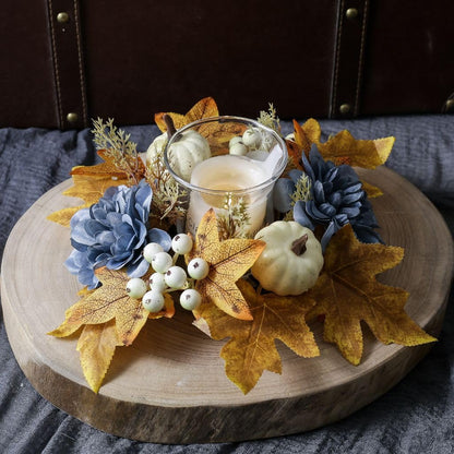 Thanksgiving Fall Candle Ring Holder Artificial Pumpkin Berries Maple Leaves Dahlia Flowers Candle Ring Wreath for Autumn Wedding Harvest Table Centerpiece Decor Supplies (Blue)