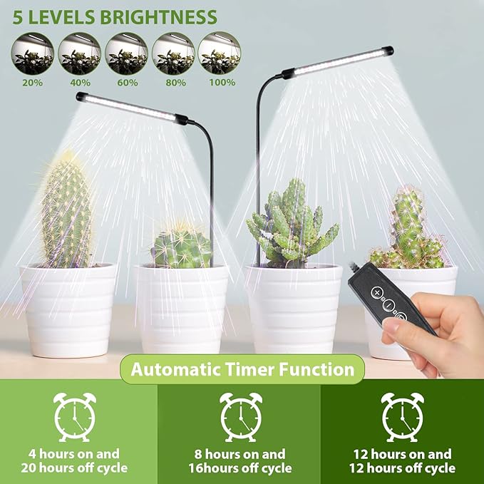 Grow Light for Indoor Plants Growing, 6000K Full Spectrum Gooseneck Plant Lamp for Seedings Succulents Small Plants, Auto On/Off Timing & 5 Dimming, 3-Pack